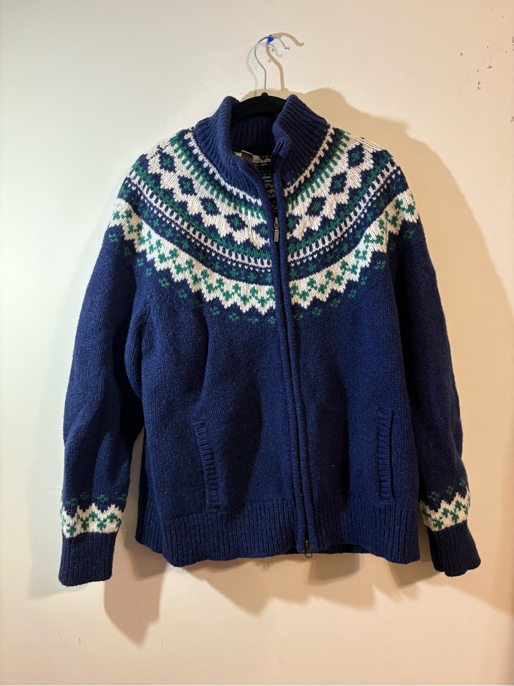 L.L. Bean Full-Zip Fair Isle Sweater navy wool knit green white women’s X-Large
